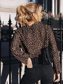 SHEIN Frenchy 女款波點印花燈籠袖時尚連身衣 - 棕色 - 查看 3