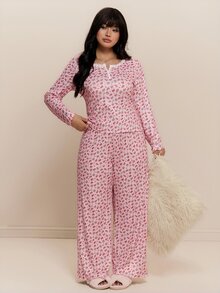 CovetEZ 大尺碼女款全印花長袖上衣與長褲休閒日常兩件套 - 彩色 - 查看 1