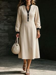 Balvessa 女款對比飾邊V領羅紋針織中長洋裝 長袖A字裙 - 彩色 - 查看 3