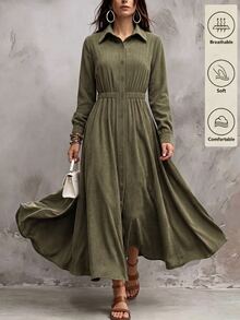 SHEIN Holidaya Women's Button-Up Ruched Waist Pleated Vacation Dress, Autumn/Winter - Army Green - View 3