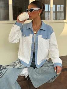 Livesso Women's Single-Breasted Colorblock Casual Daily Denim Jacket - Blue and White - View 1