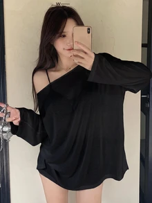 DAZY 女款韓系街頭風百搭長袖寬鬆T恤 - 黑色 - 查看 1