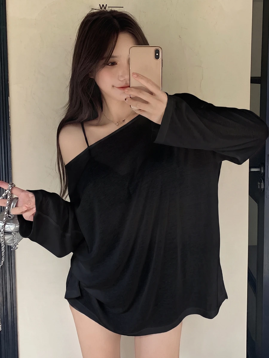 DAZY 女款韓系街頭風百搭長袖寬鬆T恤 - 黑色 - 查看 1