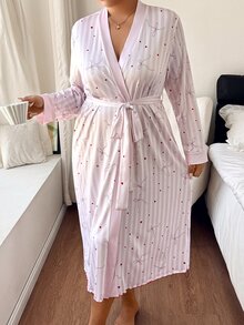 Napfluff CURVE Napfluff CURVE Striped Bow Decor Tie-Front Plus Size Robe - Baby Pink - View 5