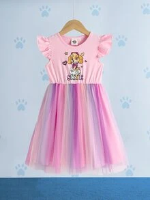 SHEIN | PAW Patrol Young Girl Heart Print Round Neck Flutter Sleeve Dress - Pink - View 3