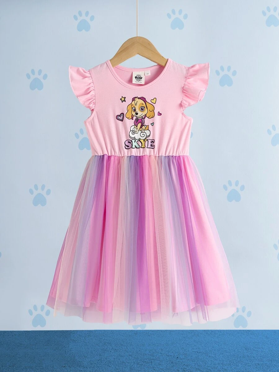 SHEIN | PAW Patrol Young Girl Heart Print Round Neck Flutter Sleeve Dress - Pink - View 1
