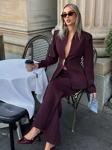 Aloruh Women's Elegant Metal Buckle Long Sleeve Jacket And Pants Suit Set - Burgundy - View 4