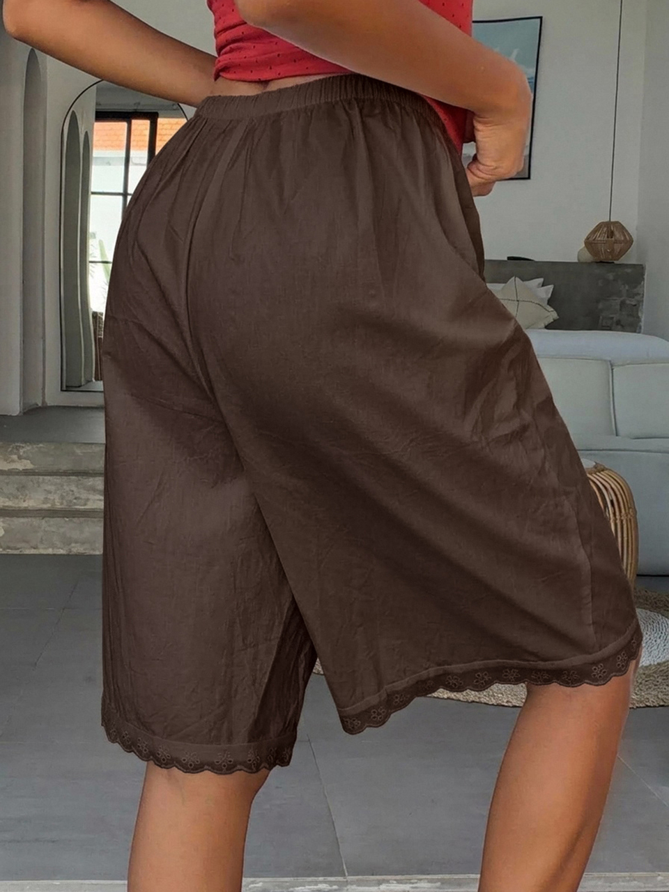 Women's Loose Lace Patchwork Solid Color 5-Point Pajama Pants