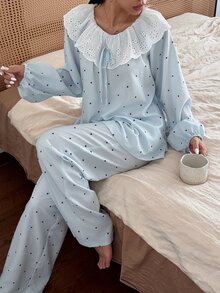 SHEIN Cute Polka Dot Peter Pan Collar Pajamas For Women, Spring Summer Autumn, Lace Trim Loungewear - Baby Blue - View 4