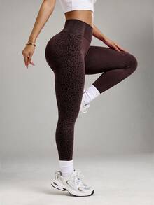 SHEIN BamGlam Coffee Brown Leopard Print Seamless Yoga, Running, Sports Leggings - Coffee Brown - View 9