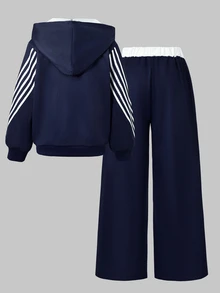 SHEIN Sparklyn 女童美式風格 23 號印花連帽拉鍊夾克與條紋寬腿褲 2 件式運動服套裝，復古休閒深藍色運動服 - 藏蓝色 - 查看 2
