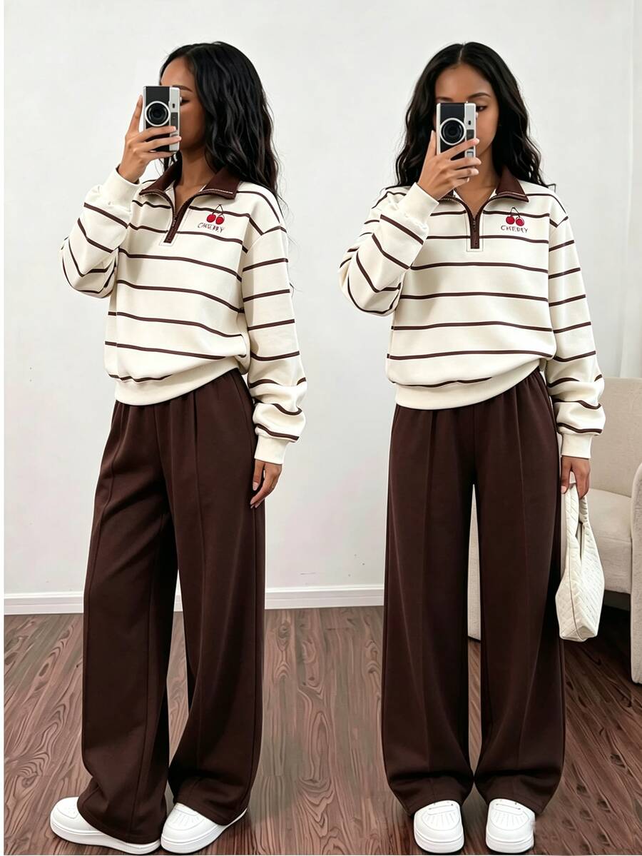 SHEIN 女童休閒兩件套,春秋冬季,紐約字母印花立領衛衣與短褲,保暖校園穿搭,適合日常穿著、上學、通勤、外出、散步、購物、旅行,可搭配夾克、背心、棉襖 - 彩色 - 查看 1
