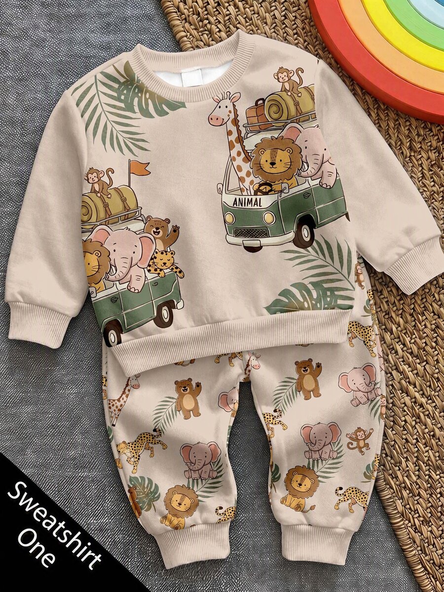 嬰幼兒圓領休閒套頭衛衣,經典卡通動漫手繪動物印花,獅子、老虎、大象、長頸鹿、熊動物巡邏旅行巴士露營車圖案印花 - 彩色 - 查看 1