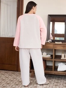 Doze Lane Women's Plus Size Coral Fleece Heart Embroidery Thick Long Sleeve Pajama Set - Multicolor - View 2