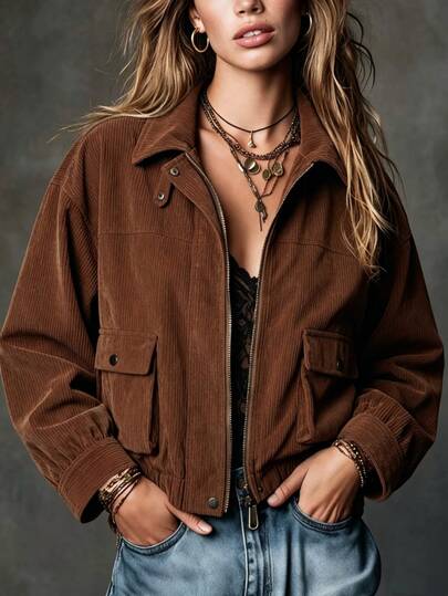 SHEIN Holidaya Vintage Brown Corduroy Short Jacket Women Stand Collar Workwear Jacket Loose Fit Versatile Short Top For Petite