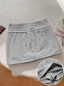 SHEIN تنورة رياضية كاجوال للبنات المراهقات مع حبل شد، محبوكة بلون رمادي فاتح سادة، مع ليقنز مدمج - رمادي فاتح - مشاهدة 1