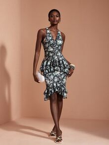 JIAN LASALA Knit Sleeveless Halter Neckline Multi Ruffle Layers Hemline Ruched Midi Dress Elegant Vacation - Green - View 1