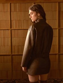 MOTF STUDIO WOMEN'S AUTUMN/WINTER VINTAGE MOTORCYCLE STYLE EMBROIDERED JACKET - Mocha Brown - View 7