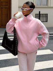 Muchica Women's Light Pink Colorblock Pocket High Neck Long Sleeve Jacket Pink Woolen Patchwork Jacket For Casual Wear Autumn Jacket Breakfast Travel - Baby Pink - View 2