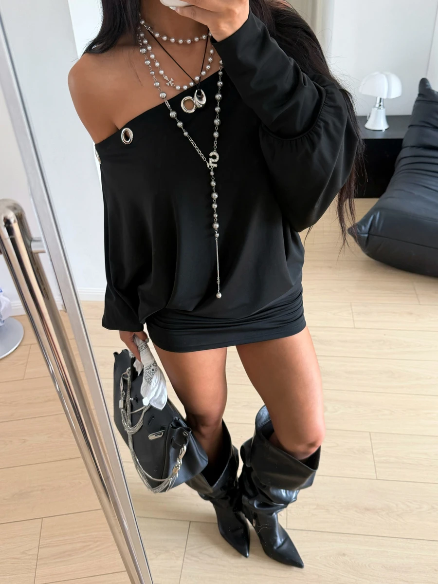 StreetHx Off-Shoulder Sexy Loose Eyelet Decor Bodycon Dress - Black - View 1