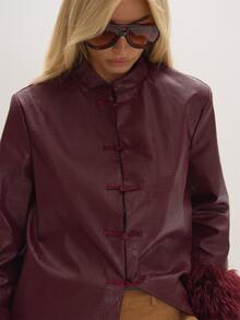 MUSEYN Burgundy PU Fur Cuff Knot Tie Detail Jacket Versatile Everyday Casual Fall - Burgundy - View 5