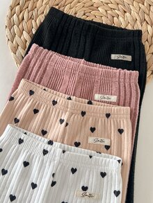 SHEIN 4件組女嬰針織純色愛心圖案休閒內搭褲套裝 - 彩色 - 查看 6
