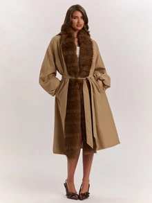 SHEIN BAE Women's Vintage Long Sleeve Faux Fur Patchwork Padded Coat - Beige - View 4