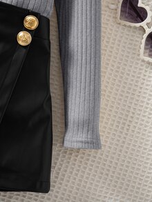 SHEIN 女童小女孩針織素色立領休閒T恤與PU皮革秋季裙 2件套 - 黑色 - 查看 8