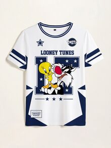 LOONEY TUNES X SHEIN Women's Cartoon Print Short Sleeve Crew Neck T-Shirt - White - View 8
