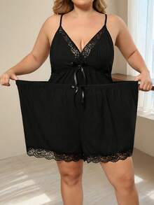 SHEIN CURVE+ Plus Size Mesh Patchwork Robe, Lace Patchwork Camisole And Shorts 3 Pieces Set - Multicolor - View 8
