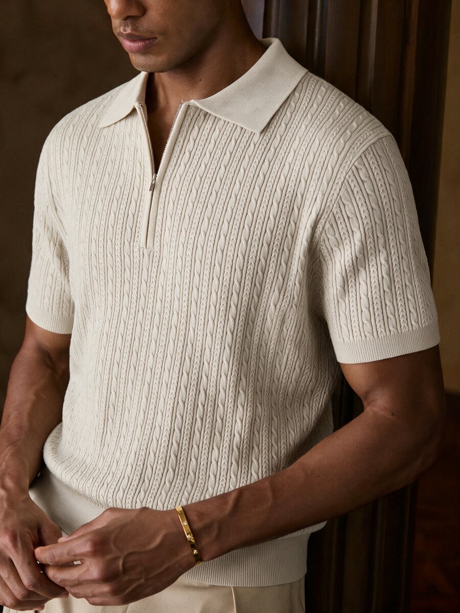 AKNOTIC Men's Fashion Half-Zip Short Sleeve Knit Top - Apricot - View 1