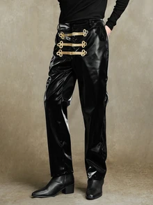 ROMWE MEN Goth Men's Fashion Vintage PU Court Pants - Black - View 5