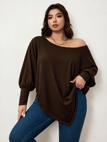Enliva تي شيرت نسائي مقاس كبير بلون موحد وكتف غير متماثل وتصميم فضفاض وكاجوال، أكمام خفاشية وحافة غير متماثلة - مناسب للخريف والشتاء وعيد الحب (حب رومانسي، هدية عطلة، ملابس رأس السنة) - بني - مشاهدة 4