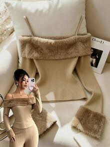 Rafferiza Women's Plush Patchwork Slim Fit Versatile Casual Daily Top - Khaki - View 1
