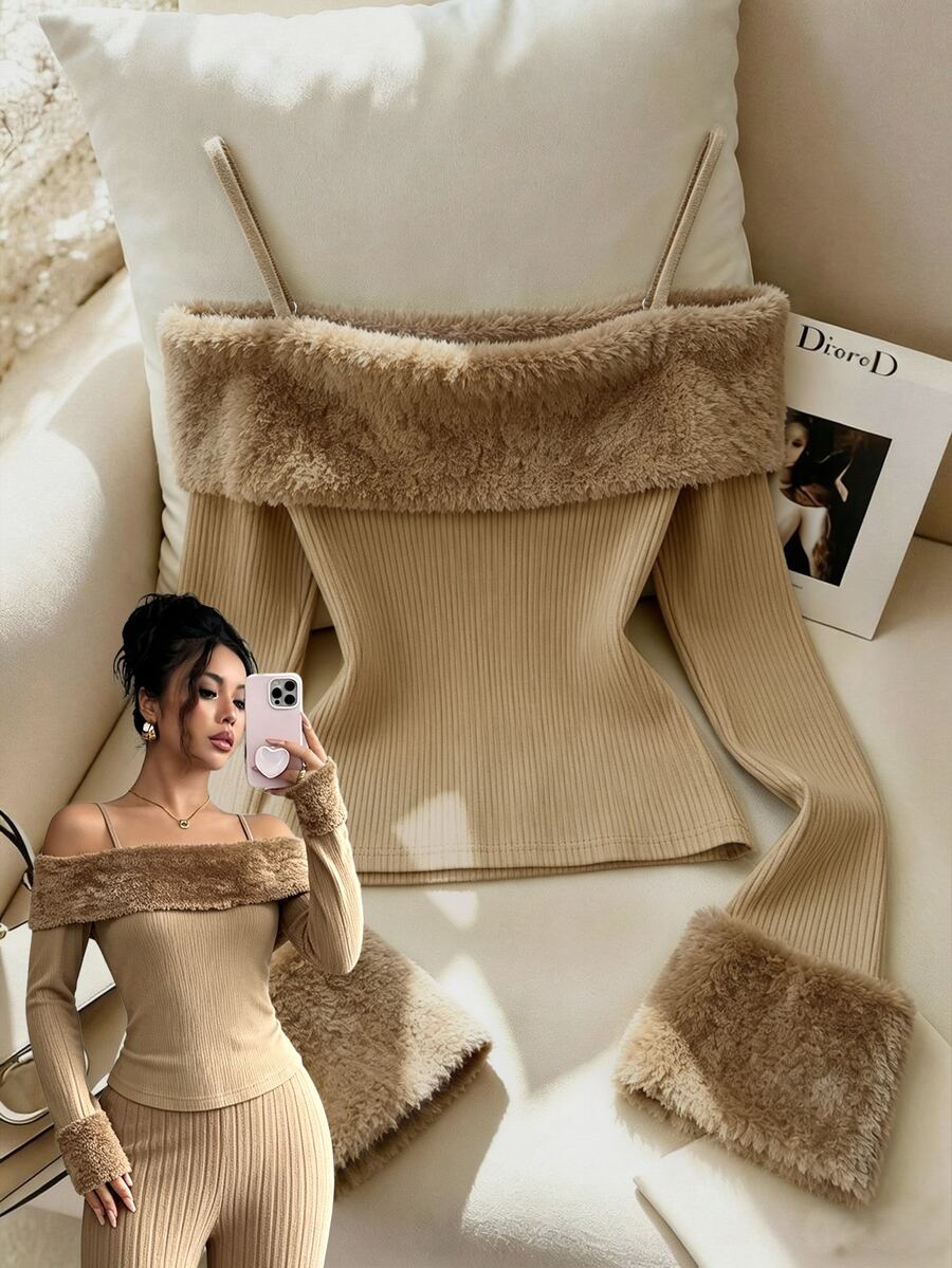 Rafferiza Women's Plush Patchwork Slim Fit Versatile Casual Daily Top - Khaki - View 1