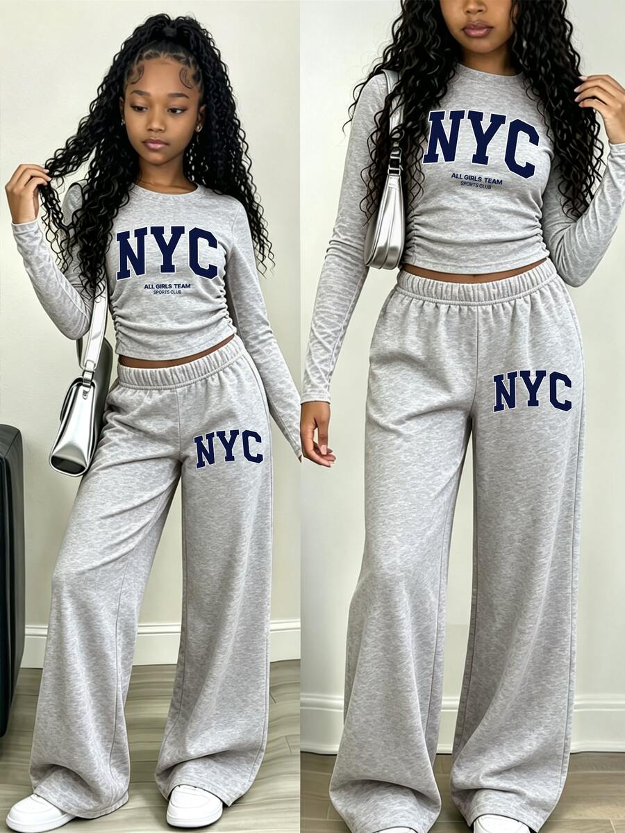 (1套) 青少年女孩秋季休閒時尚簡約風 NYC 字母標語印花抽褶腰長袖T恤與寬腿長褲 - 灰色 - 查看 1
