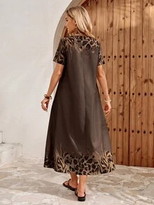 EMERY ROSE Gaun Panjang Kasual Wanita Gaya Boho Motif Leopard untuk Acara Brunch, Motif Leopard Abu-abu, Musim Gugur - Coklat - View 2