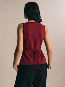 Poéselle 女款復古拼色鈕扣優雅背心，適合度假穿著 - 紅色和黑色 - 查看 2