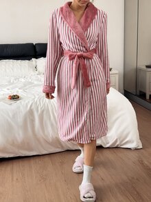 Napfluff Casual Striped Plush Lapel Long Sleeve Women's Loungewear Robe - Dusty Pink - View 5