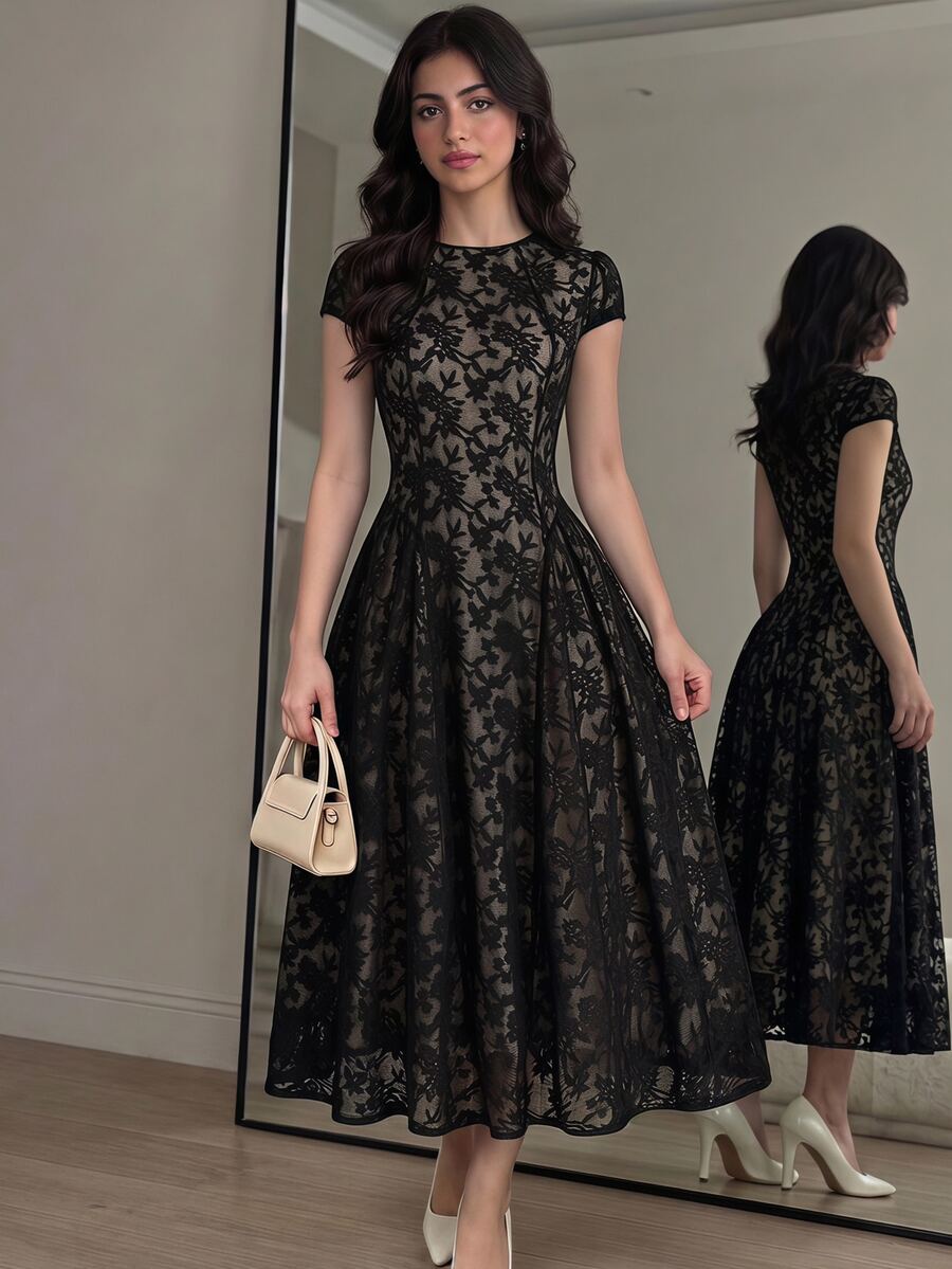 SHEIN 青少年女孩優雅黑色蕾絲立領短袖休閒優雅針織洋裝,派對洋裝 - 黑色 - 查看 1