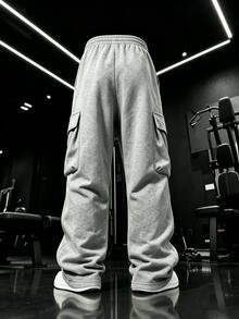 GymBeat Men's Solid Color Drawstring Waist Cargo Pocket Sports Long Pants - Grey - View 5
