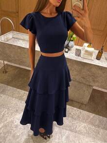 Siren Gaze Women's Navy Blue Polka Dot Exaggerated Layered Ruffle Design Long Skirt Polka Dot Skirt - Navy Blue - View 8