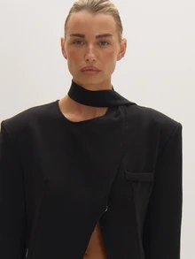 MUSEYN Black Woven Wrap Neck Detail Open Front Suit Blazer Timeless Date Night Tailored Office New Season Fall - Black - View 5