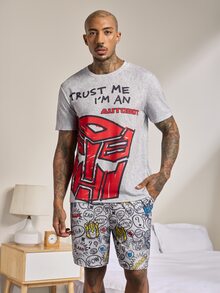 Transformers X SHEIN Men's Round Neck Short Sleeve T-Shirt And Shorts Loungewear Set Evergreen - Grey - View 1