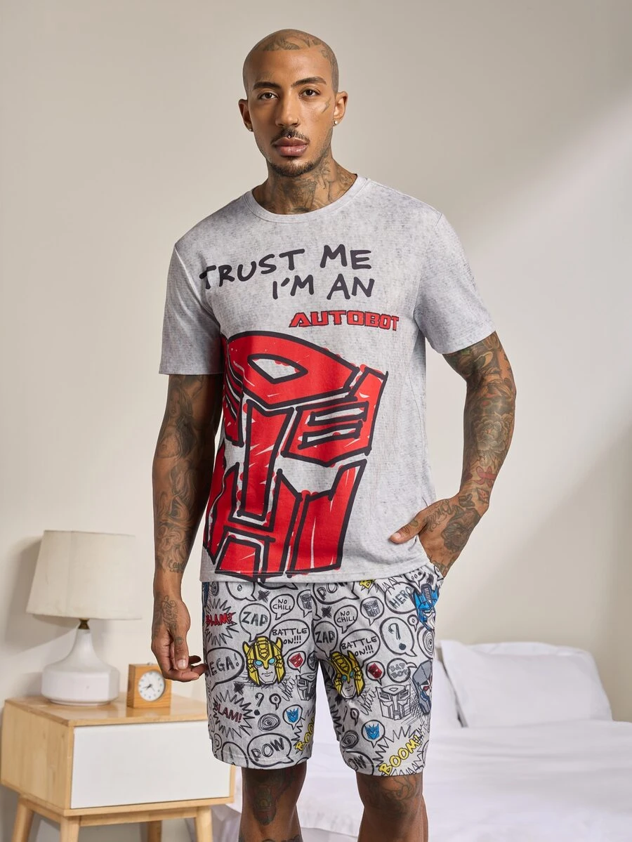 Transformers X SHEIN Men's Round Neck Short Sleeve T-Shirt And Shorts Loungewear Set Evergreen - Grey - View 1