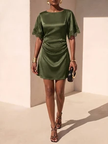 Zivah Women's Elegant Commuter Lace Patchwork Mini Dress - Army Green - View 3