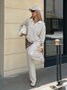 DAZY Women's Striped Colorblock Long Sleeve Top And Pants Knit 2 Pieces Set - Beige - View 7