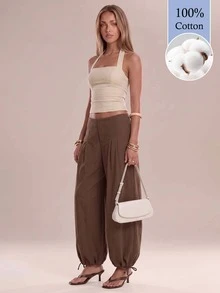 Avantive Women's Casual Commute Solid Color Lantern Pants (100% Cotton) - Brown - View 7