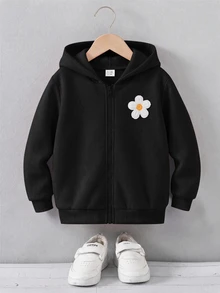 女童休閒多功能舒適蝴蝶印花連帽拉鍊針織外套，秋冬服飾 - 黑色 - 查看 5