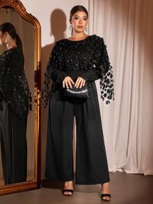 Cravure Plus Size Women's Party 3D Floral Long Sleeve Black Jumpsuit - Black - View 7